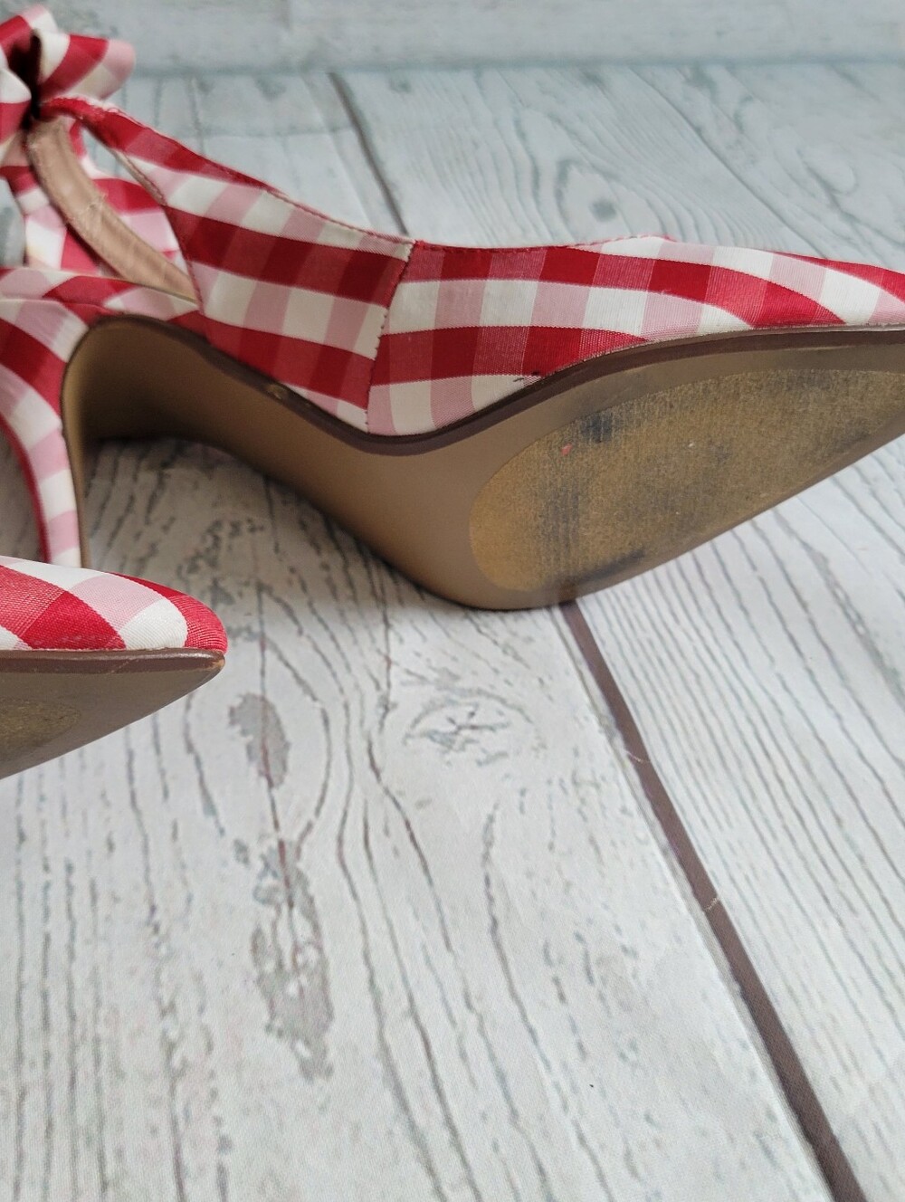 Betsey Johnson Ginjet Red and White Gingham Slingback Heels with Ankle Bows - Picture 10 of 11